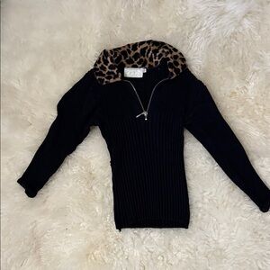 Cache Black Sweater with Leopard Print Collar
